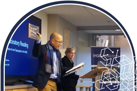 Professor pointing at a screen and reading from a paper to a class