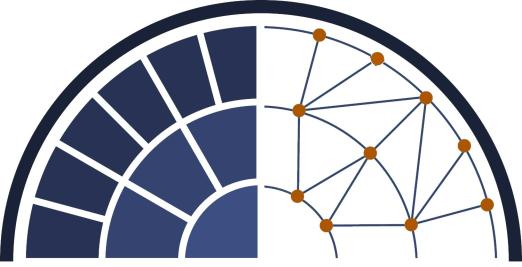 Blue Logo, a half-circle Jeffersonian window with mullions on the left and a network diagram on the right